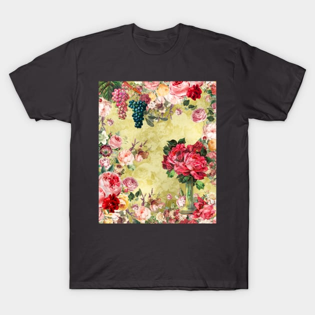 Elegant Vintage flowers and roses garden shabby chic, vintage botanical, pink floral pattern yellow artwork over a T-Shirt T-Shirt by Zeinab taha